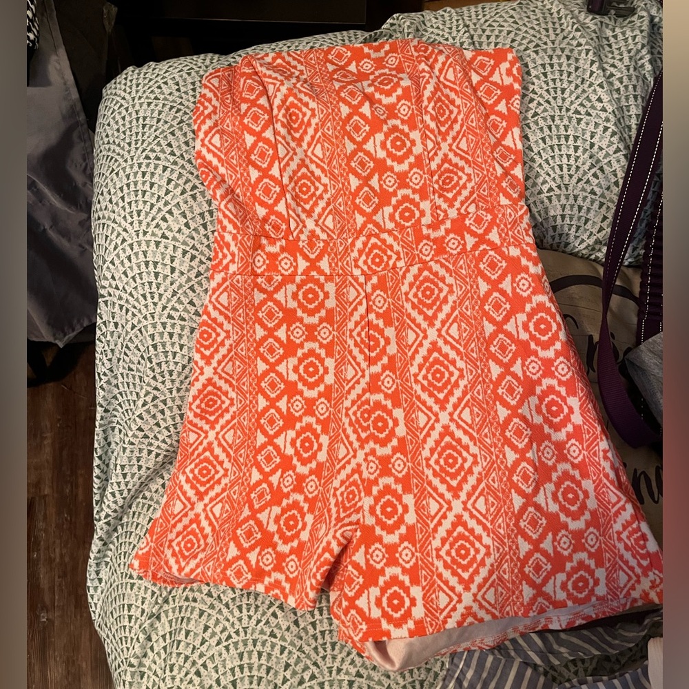 Orange and White Geometric Patterned Romper